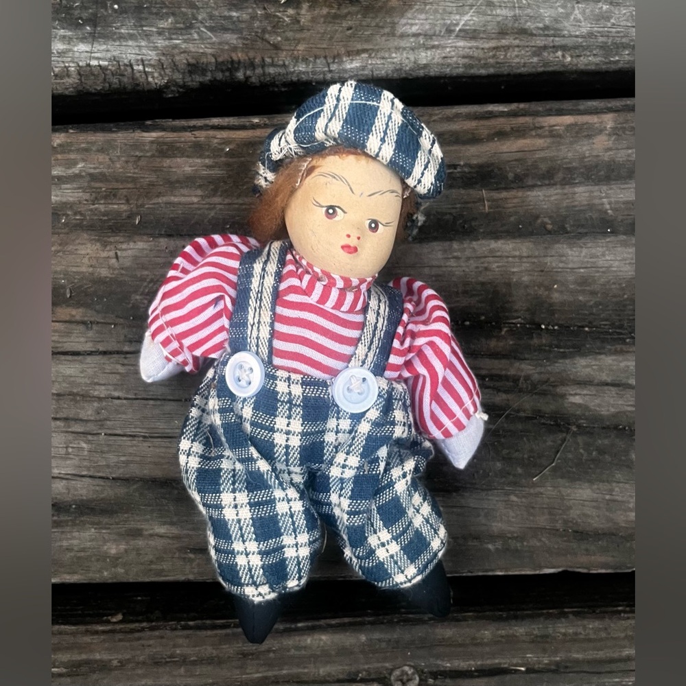 SPRINGFORD INC VINTAGE 5” PORCELAIN DOLL IN PLAID OVERALLS
